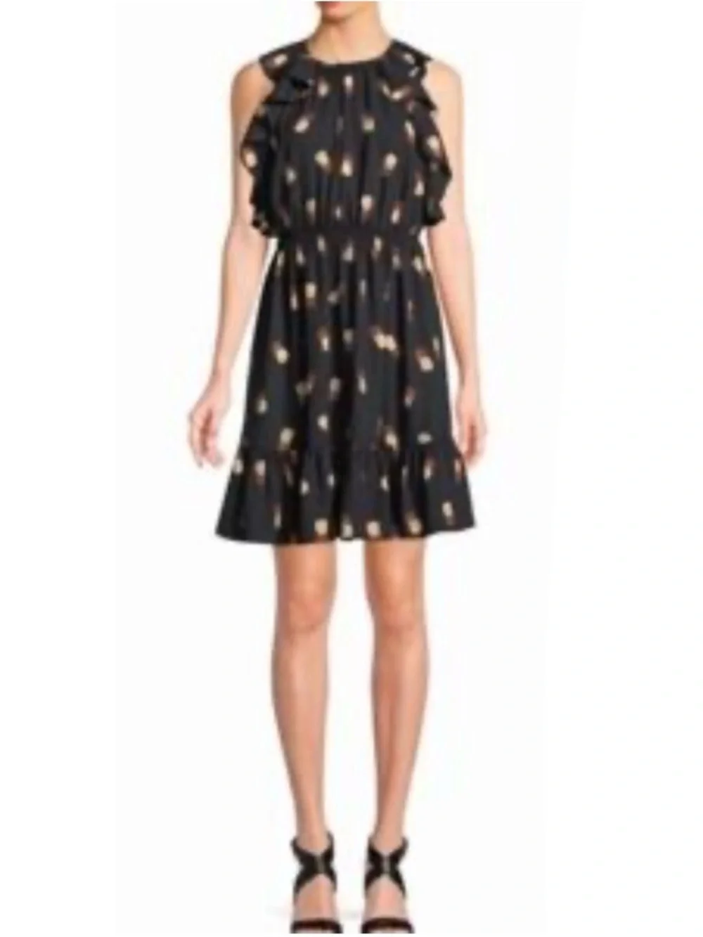 Kate Spade Pineapple Print Sleeveless Ruffle A-Line Mini Dress Black Medium